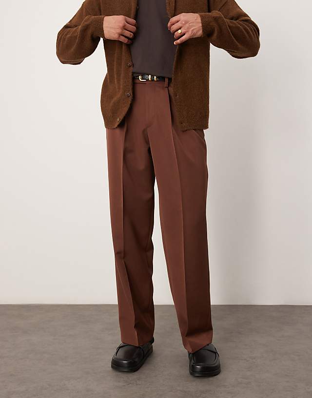Asos ASOS DESIGN Smart Wide Leg Trousers With Front Pleat In Brown