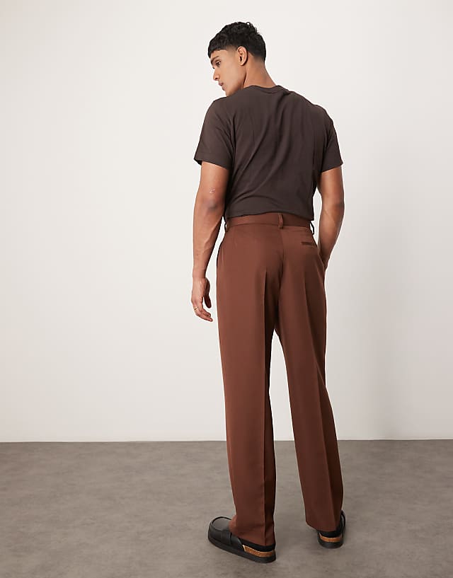 Asos ASOS DESIGN Smart Wide Leg Trousers With Front Pleat In Brown