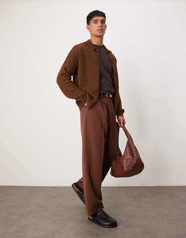 asos ASOS DESIGN smart wide leg trousers with front pleat in brown