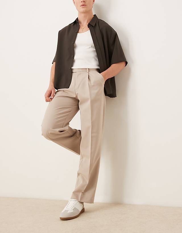 asos ASOS DESIGN smart wide leg trousers with front pleat in stone