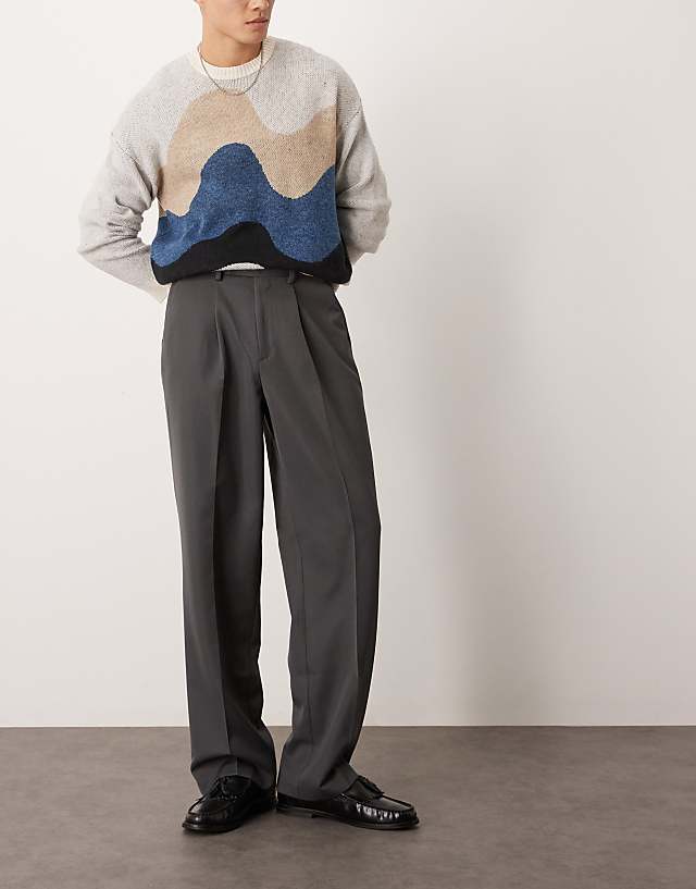 asos ASOS DESIGN smart wide leg trousers with front pleat in charcoal