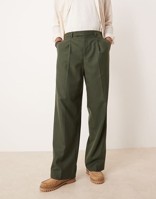 asos ASOS DESIGN smart wide leg trousers with front pleats in green brushed fabric