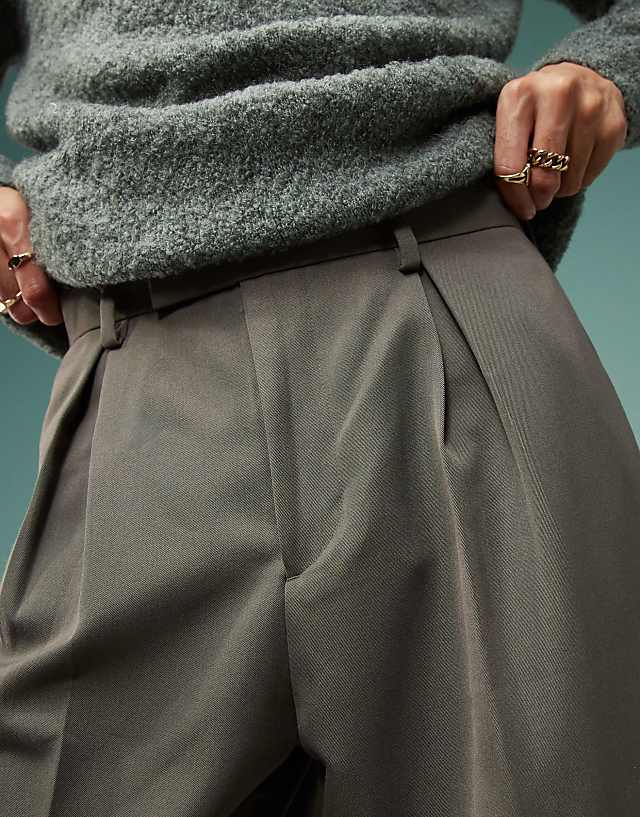 Asos ASOS DESIGN Smart Wide Leg Trousers With Inverted Pleats In Brown
