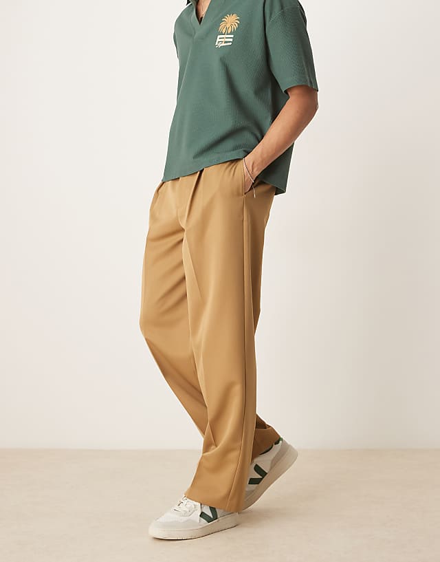 asos ASOS DESIGN smart wide leg trousers with inverted pleats in camel