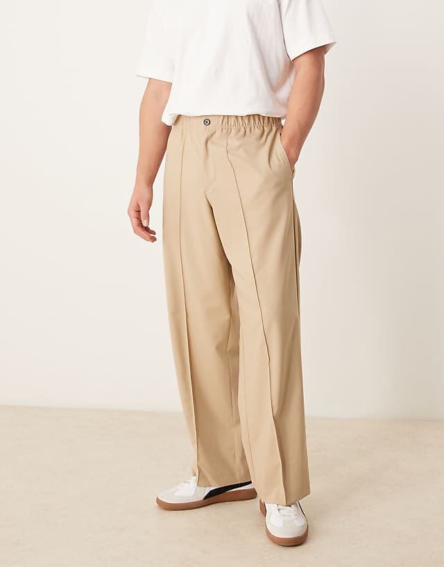 Asos ASOS DESIGN Smart Wide Leg Trousers With Pintucks In Stone With Half Elasticated Waist