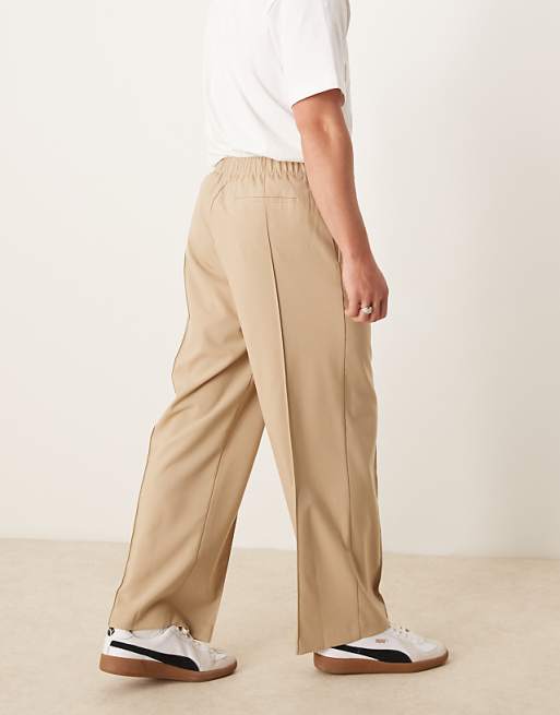 Asos ASOS DESIGN Smart Wide Leg Trousers With Pintucks In Stone With Half Elasticated Waist