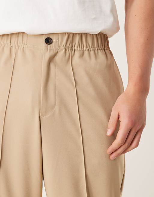 Asos ASOS DESIGN Smart Wide Leg Trousers With Pintucks In Stone With Half Elasticated Waist