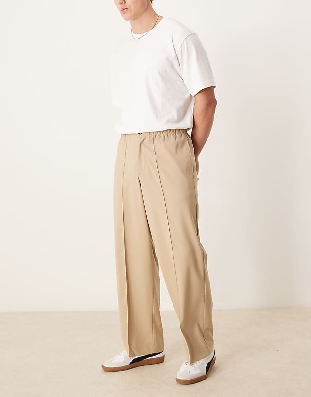 asos ASOS DESIGN smart wide leg trousers with pintucks in stone with half elasticated waist