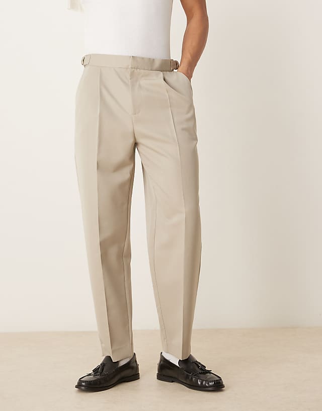 Asos ASOS DESIGN Smart Wide Leg Trousers With Side Adjusters In Stone With Front Pleat