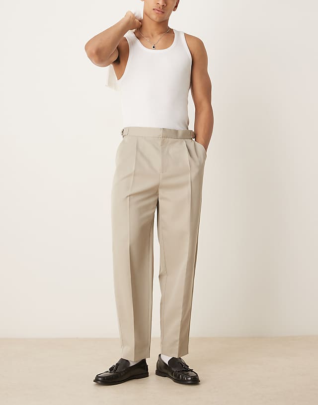 asos ASOS DESIGN smart wide leg trousers with side adjusters in stone with front pleat