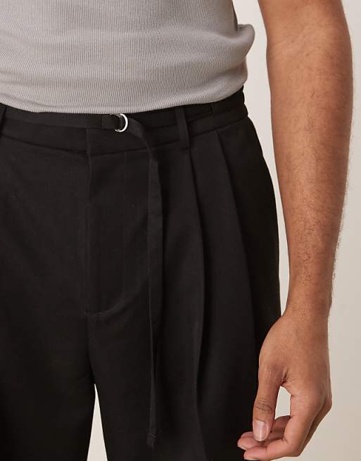 Asos ASOS DESIGN Smart Wide Leg Trousers With Thin Belt And Double Pleats In Black With Elasticated Waist