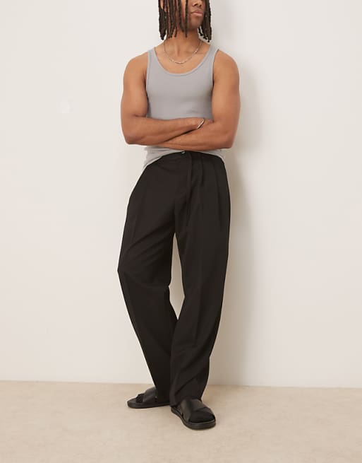 Asos ASOS DESIGN Smart Wide Leg Trousers With Thin Belt And Double Pleats In Black With Elasticated Waist