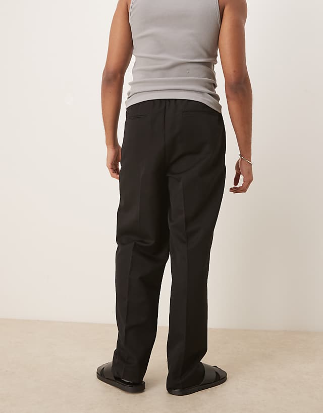 Asos ASOS DESIGN Smart Wide Leg Trousers With Thin Belt And Double Pleats In Black With Elasticated Waist