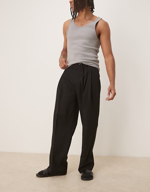 asos ASOS DESIGN smart wide leg trousers with thin belt and double pleats in black with elasticated waist