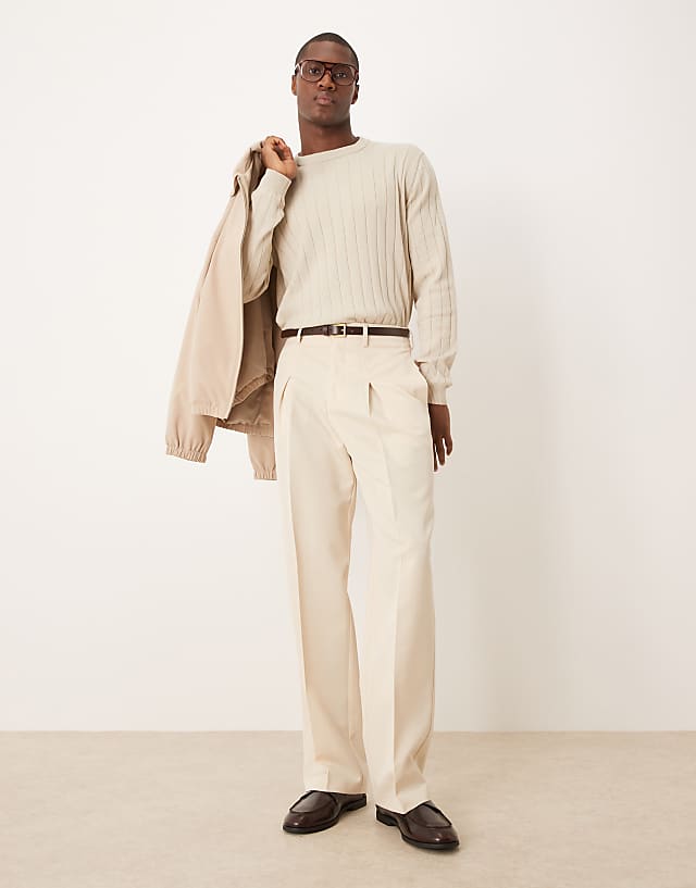 Asos ASOS DESIGN Smart Wide Leg Twill Trousers In Ecru
