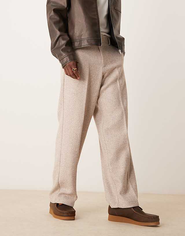 Asos ASOS DESIGN Smart Wide Leg Wool Blend Herringbone Trousers In Stone