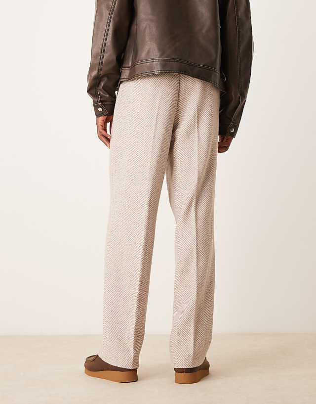 Asos ASOS DESIGN Smart Wide Leg Wool Blend Herringbone Trousers In Stone