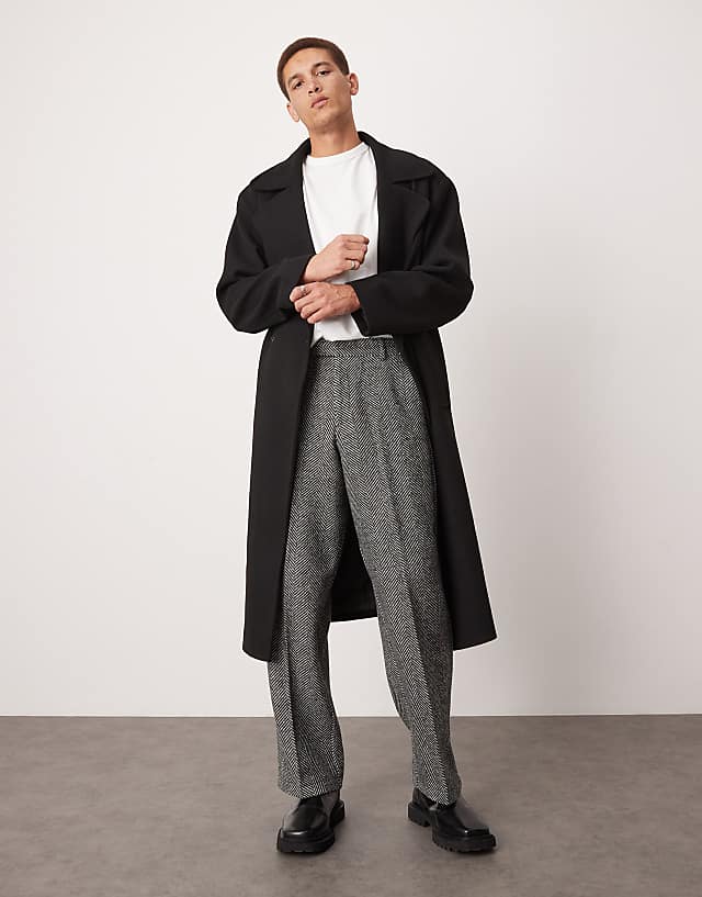 Asos ASOS DESIGN Smart Wide Leg Wool Blend Herringbone Trousers In Black
