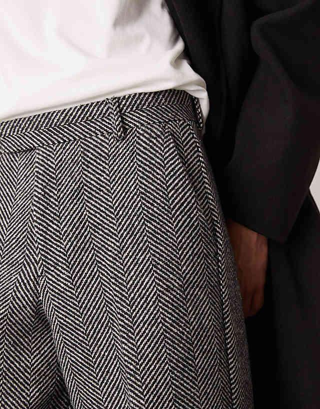 Asos ASOS DESIGN Smart Wide Leg Wool Blend Herringbone Trousers In Black