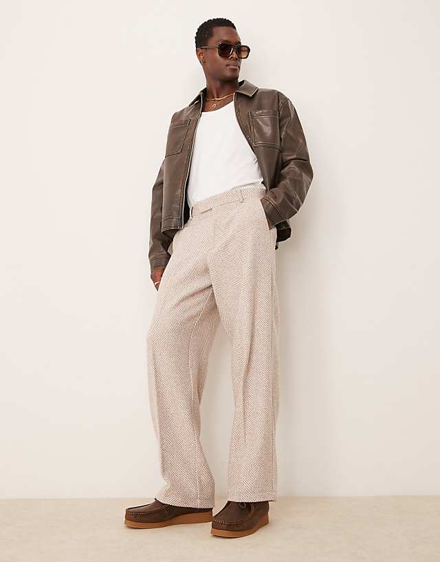 asos ASOS DESIGN smart wide leg wool blend herringbone trousers in stone