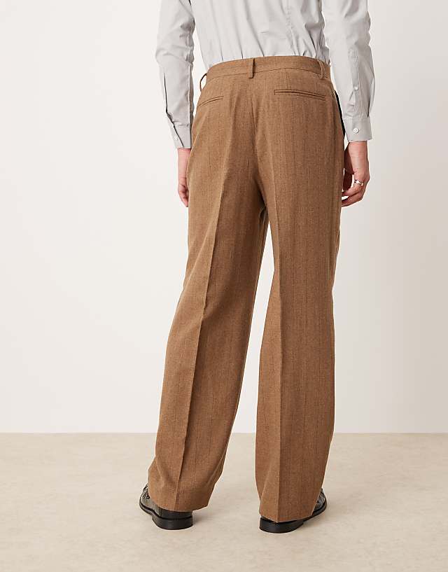 Asos ASOS DESIGN Smart Wide Leg Wool Mix Pinstripe Trouser In Brown