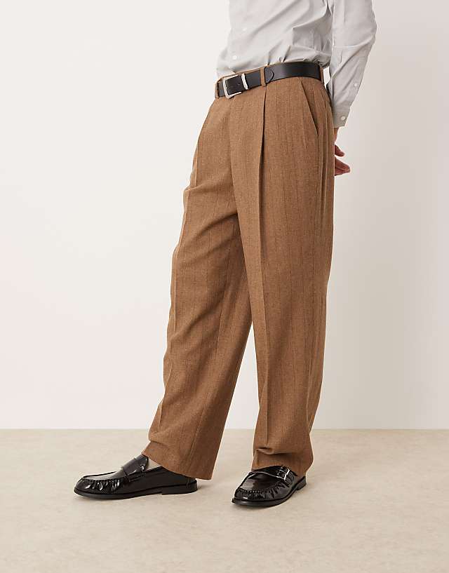 asos ASOS DESIGN smart wide leg wool mix pinstripe trouser in brown