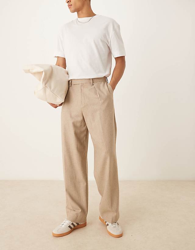asos ASOS DESIGN smart wide leg wool mix trousers with front pleat in stone