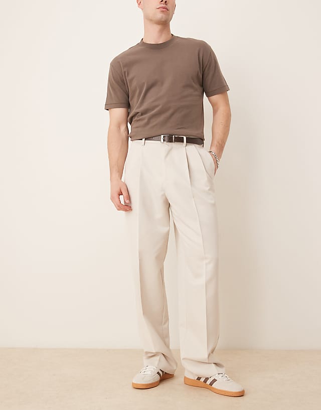 asos ASOS DESIGN smart wide trousers with double pleats in ecru