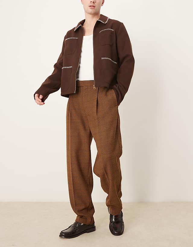 Asos ASOS DESIGN Smart Wool Mix Oversized Tapered Trousers In Brown Herringbone With Half Elasticated Waist