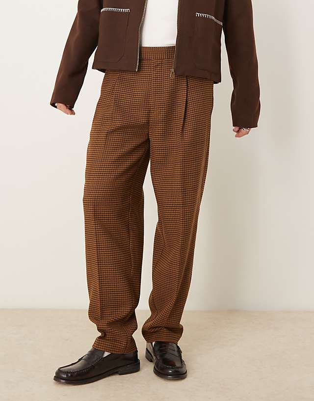 asos ASOS DESIGN smart wool mix oversized tapered trousers in brown herringbone with half elasticated waist