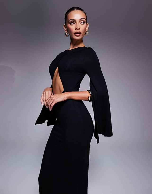 Asos ASOS DESIGN Split Angel Sleeve Maxi Dress With Cut Out In Black