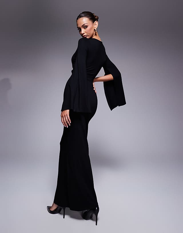 Asos ASOS DESIGN Split Angel Sleeve Maxi Dress With Cut Out In Black