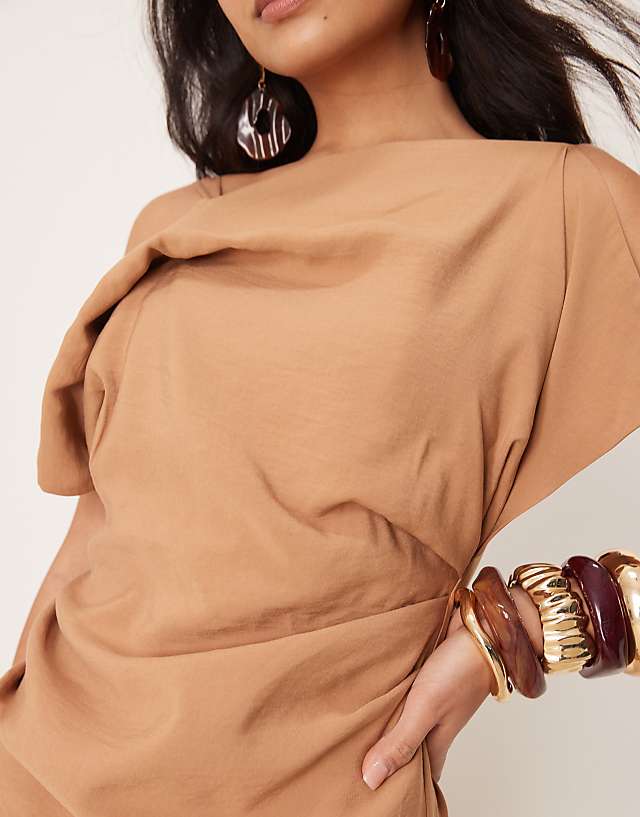 Asos ASOS DESIGN Square Neck Draped Midaxi Dress In Tobacco
