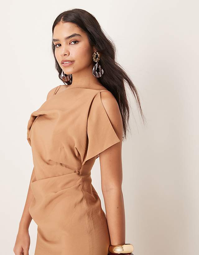 Asos ASOS DESIGN Square Neck Draped Midaxi Dress In Tobacco