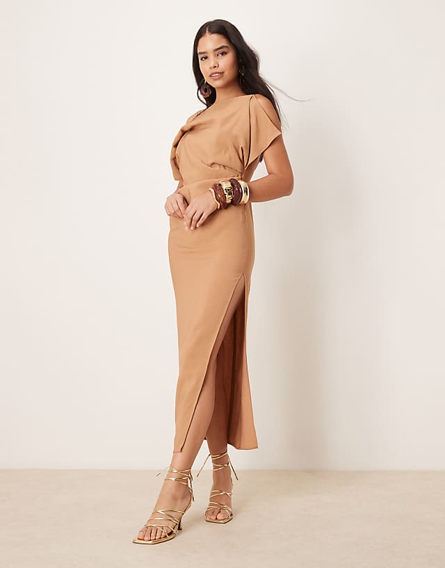 asos ASOS DESIGN square neck draped midaxi dress in tobacco