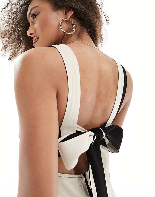 Asos ASOS DESIGN Square Neck Tie Back Linen Midi Sundress In Wide Mono Stripe