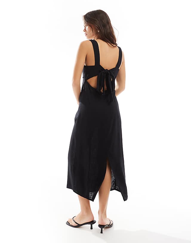 Asos ASOS DESIGN Square Neck Tie Back Linen Midi Sundress In Black