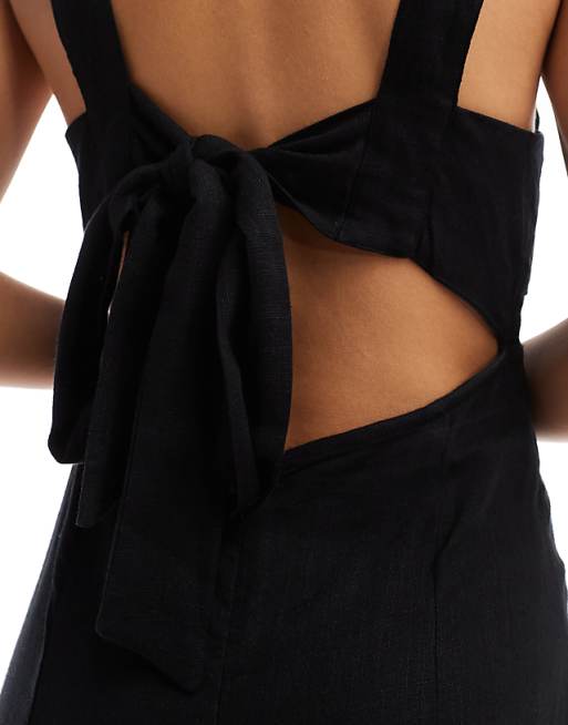 Asos ASOS DESIGN Square Neck Tie Back Linen Midi Sundress In Black