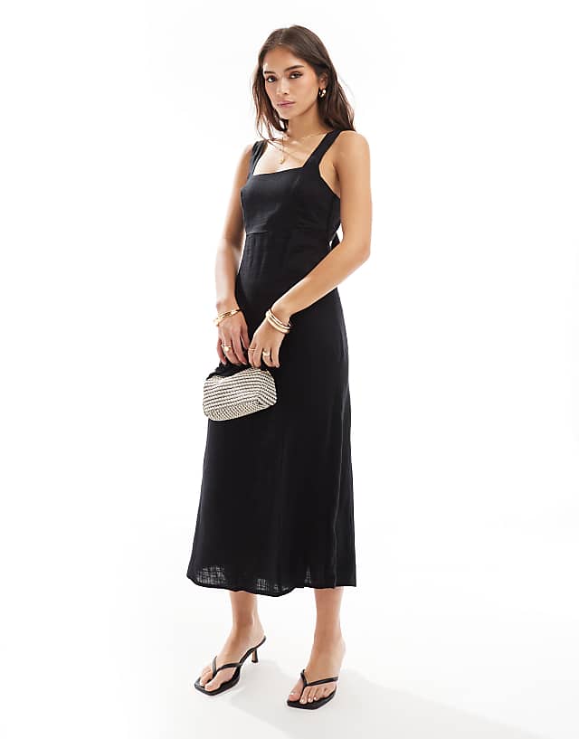 asos ASOS DESIGN square neck tie back linen midi sundress in black