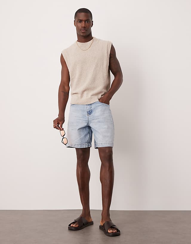 asos ASOS DESIGN standard length denim fatigue jorts in light wash blue