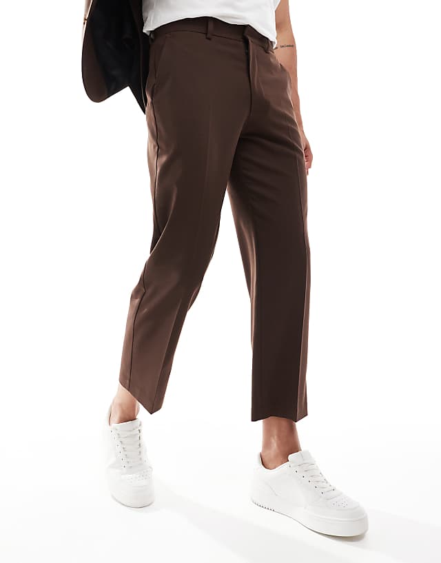 Asos ASOS DESIGN Straight Crop Suit Trousers In Brown