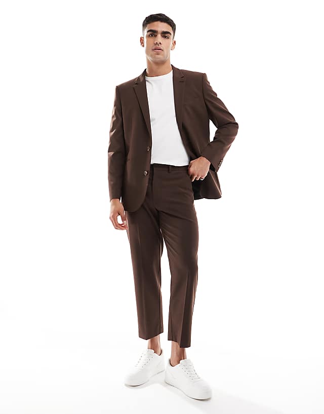 asos ASOS DESIGN straight crop suit trousers in brown
