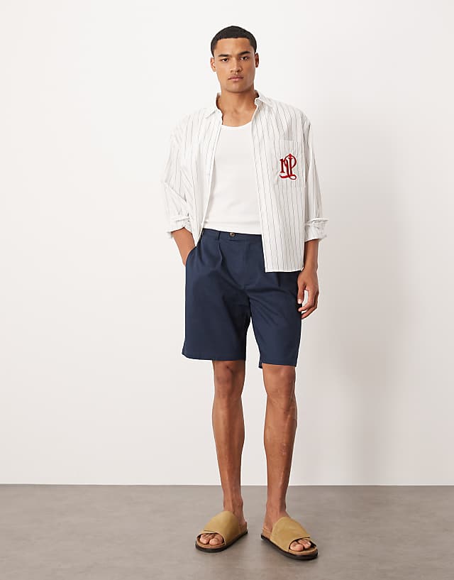 asos ASOS DESIGN straight leg chino short in navy linen look