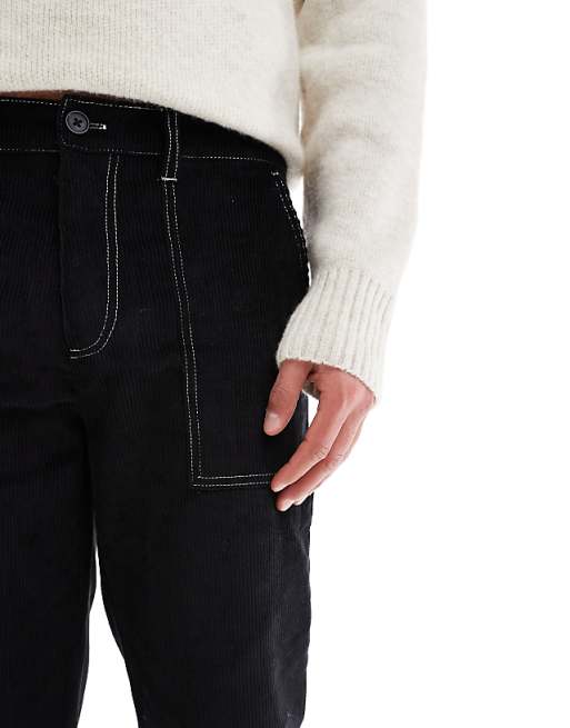Asos ASOS DESIGN Straight Leg Cord Trousers With Contrast Stitch In Black