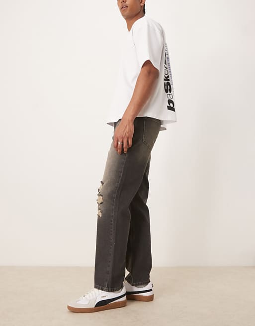Asos ASOS DESIGN Straight Leg Jeans With Rips In Mid Wash
