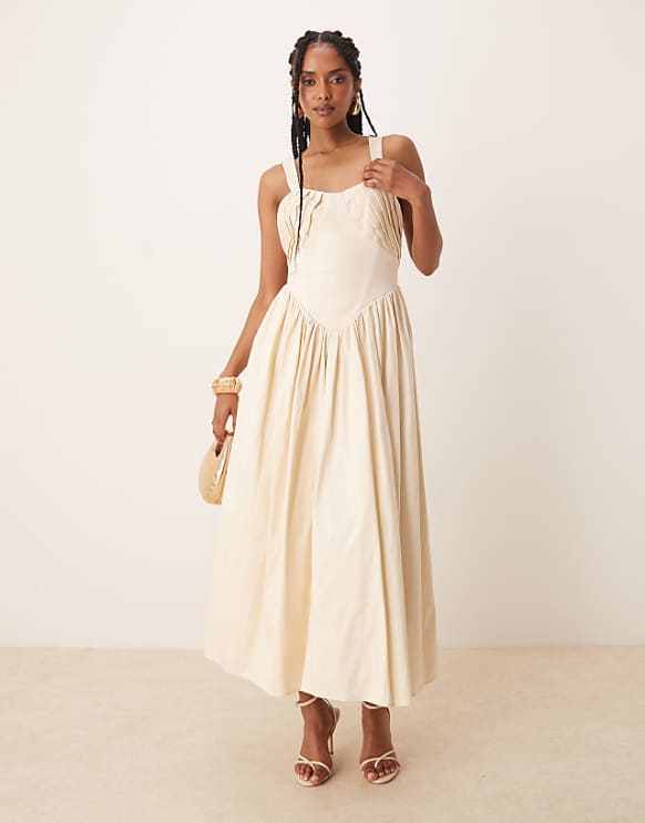 Asos ASOS DESIGN Structured Bust Detail Full Skirt Midi Dress In Ivory