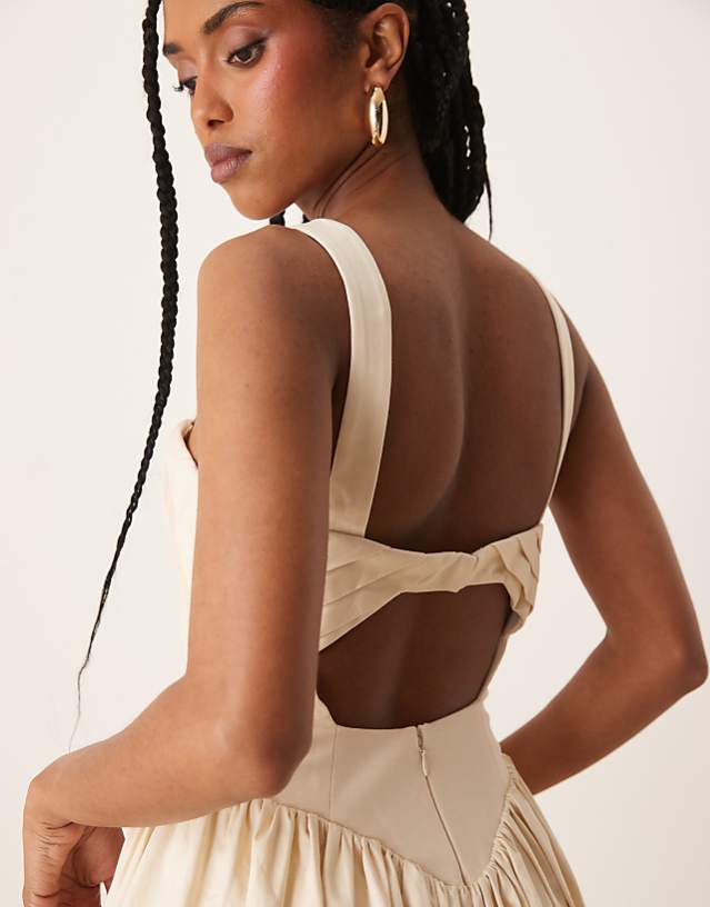 Asos ASOS DESIGN Structured Bust Detail Full Skirt Midi Dress In Ivory