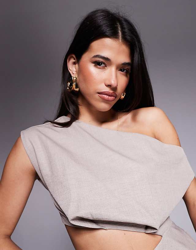 Asos ASOS DESIGN Structured Fallen Shoulder Fauxord Midi Dress In Taupe