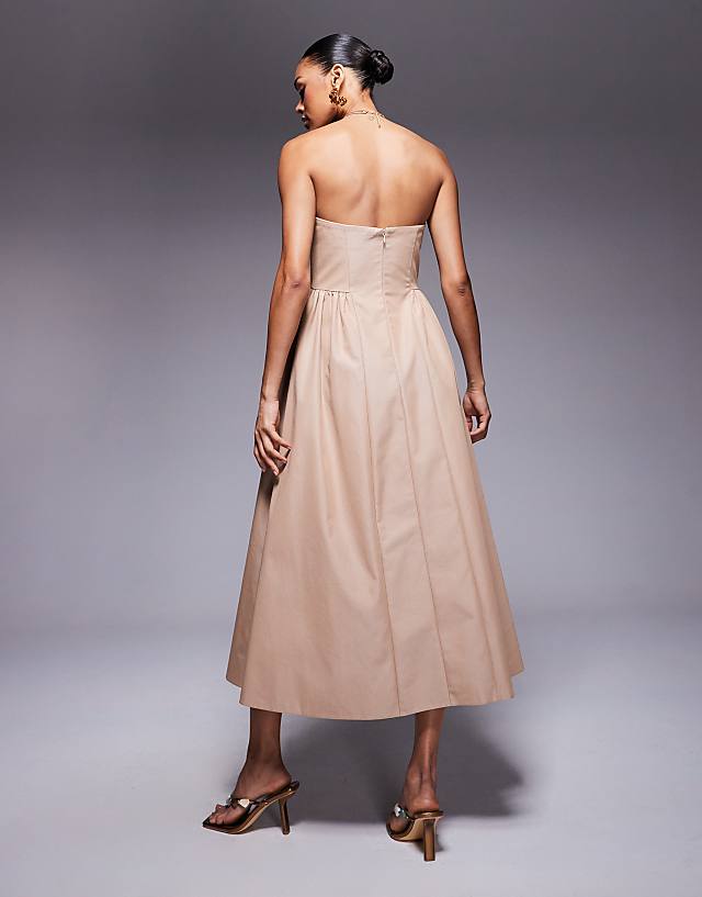 Asos ASOS DESIGN Structured Frill Bust Midi Dress In Stone