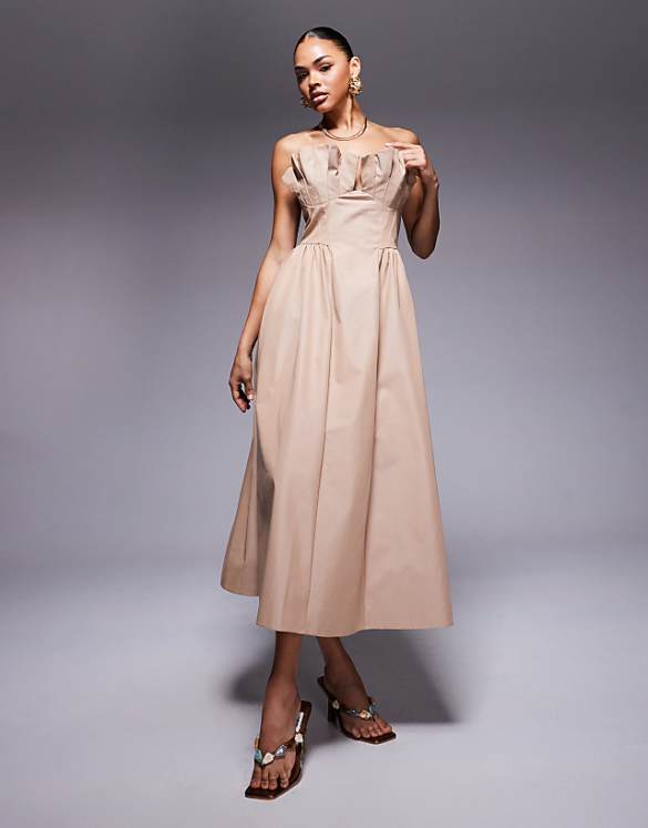 asos ASOS DESIGN structured frill bust midi dress in stone
